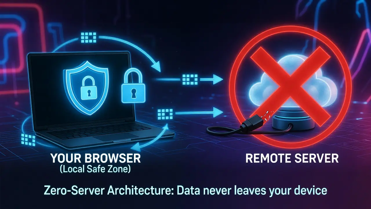 Diagram showing client-side security where data stays in browser and does not go to server